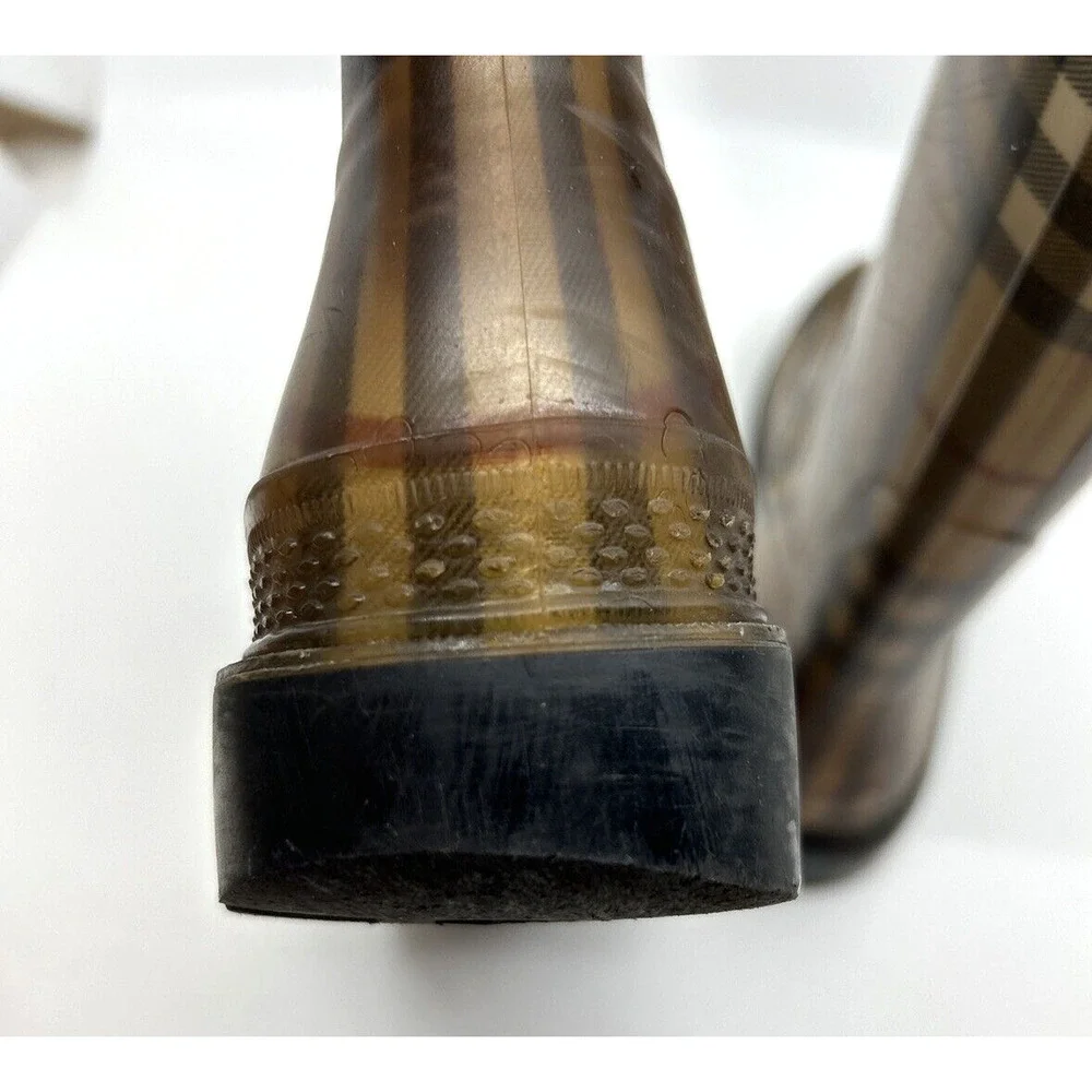 Burberry Rubber Rain Boots Women's Knee High Sz 7 Brown Novacheck Print Italy - Picture 5 of 9